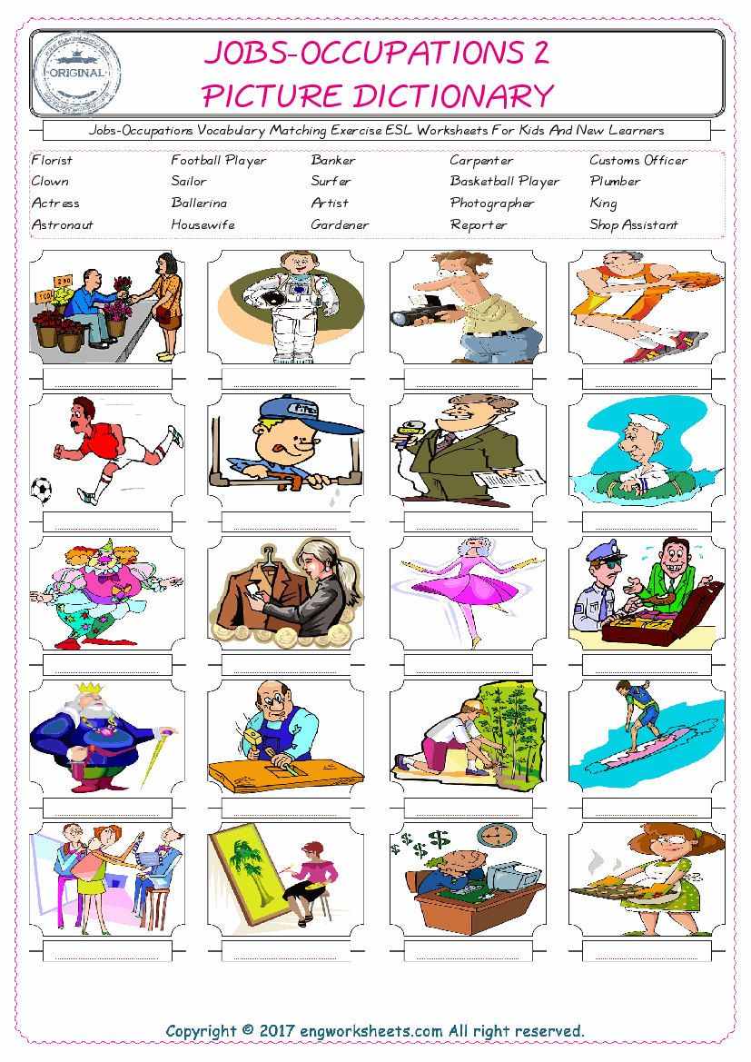  Jobs-Occupations for Kids ESL Word Matching English Exercise Worksheet. 